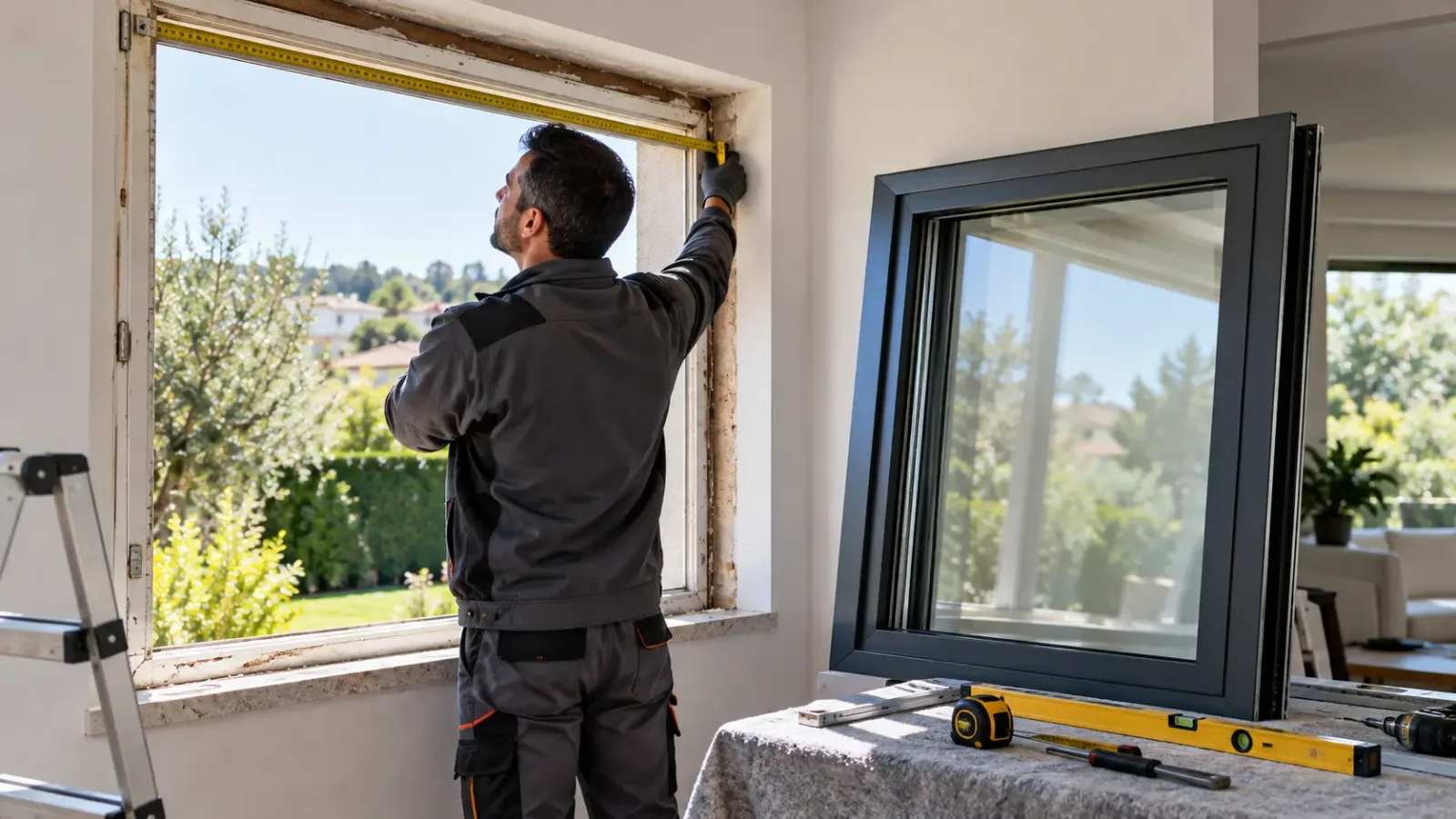 Técnico a medir uma janela antiga numa habitação para preparar a substituição por caixilharia moderna com vidro duplo.